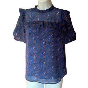Loft | Blue Floral Short Sleeve Ruffled Blouse Size Petite Small EUC